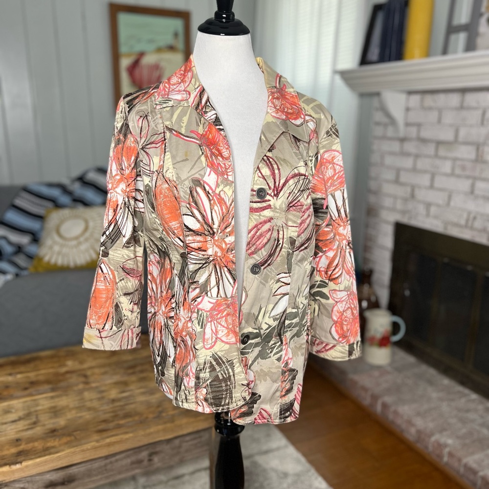 Chico’s Women’s Floral Print Jacket Blazer Sz 2 (Large/12) Stretch 3/4 Sleeves